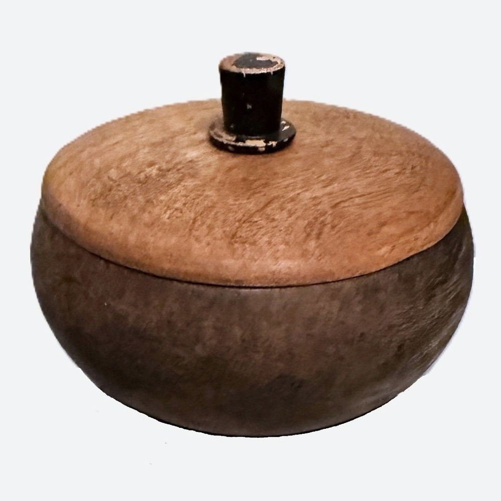 Small Wood Vanity Bowl w Dome Lid Handmade 2-Tone Finish Art Deco Era 4" x 2.5"